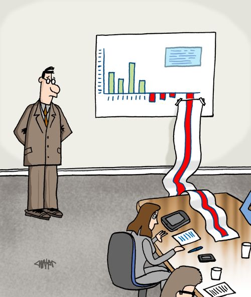 Negative bar is taped onto bar graph in business meeting.