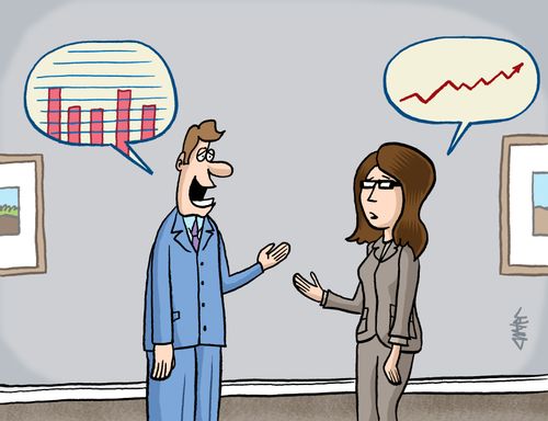 Man and woman speaking in different data chart languages.