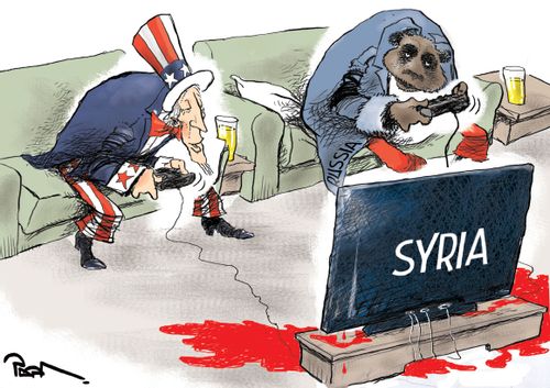 Uncle Sam and Russian bear play Syria like a video game