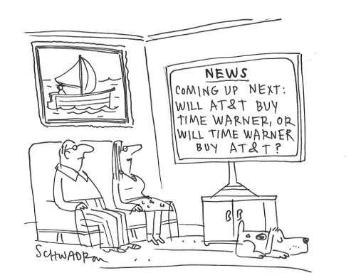 Couple watches potential cable company buyouts on television.