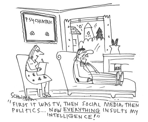 "First it was TV, then social media, then politics...now everything insults my intelligence!"