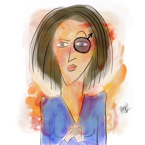 Woman's black eye has a male symbol on it.