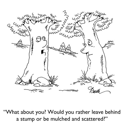 "What about you? Would you rather leave a stump or be mulched and scattered?"