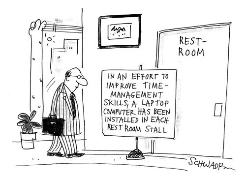 "A laptop has been installed in each rest room stall."