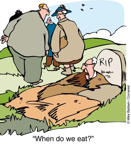 Man rising from grave - "When do we eat."