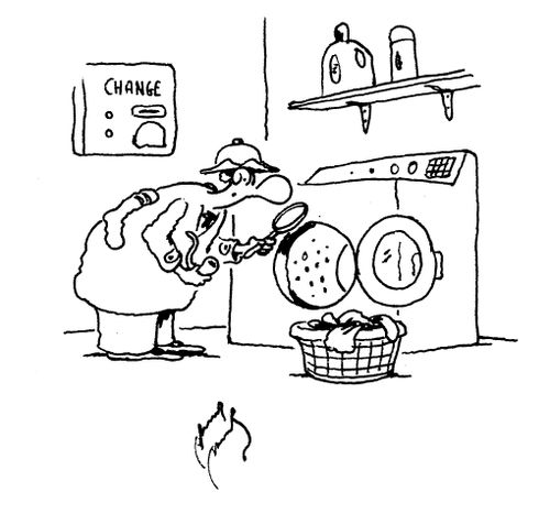 Sherlock Holmes investigating a washing machine.
