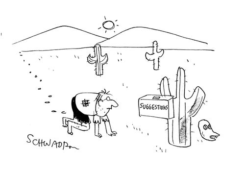 Man crawling across the desert comes across a suggestion box.