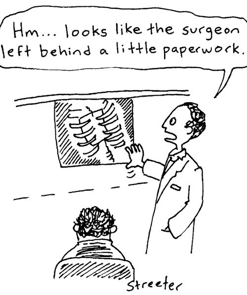 "Hmmm...looks like the surgeon left behind some paperwork."