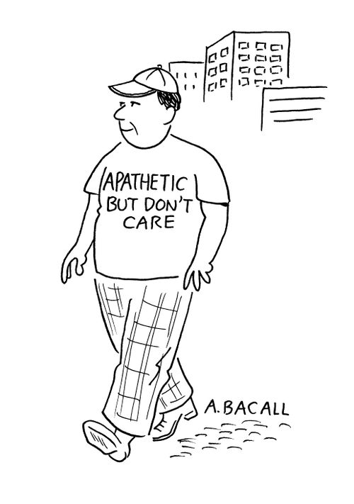Man wearing t-shirt - 'Apathetic but don't care'.