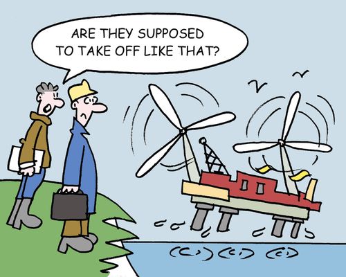 Men looking at oil rig - "Are they supposed to take off like that?"