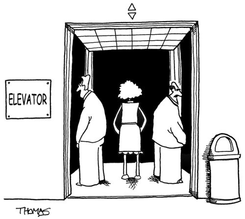People in elevator avoiding each other by facing walls.