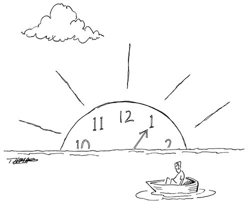 Man in boat sees clock rising in distance instead of the sun.