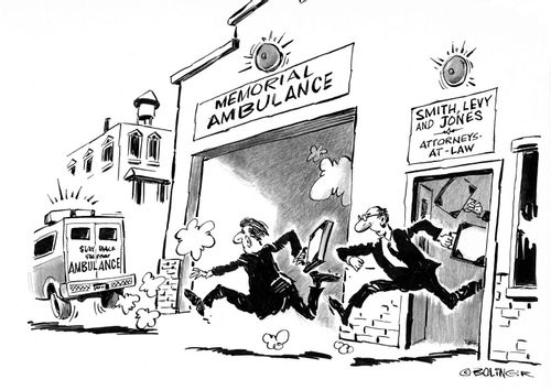 Lawyers alerted by the ambulance alarm and chasing the vehicle.