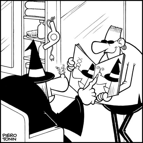 Witch in beauty salon chooses hairstyle for her wart.
