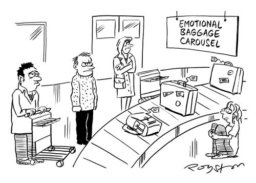 People looking worried, sad and angry wait at the Emotional Baggage Carousel