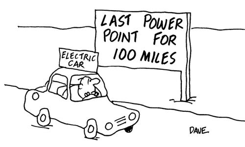 Electric car with sign reading 'Last power point for 100 miles.'
