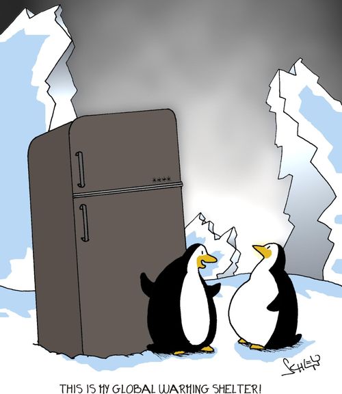 A Penguin shows a fridge: 'This is my Global warming shelter!'