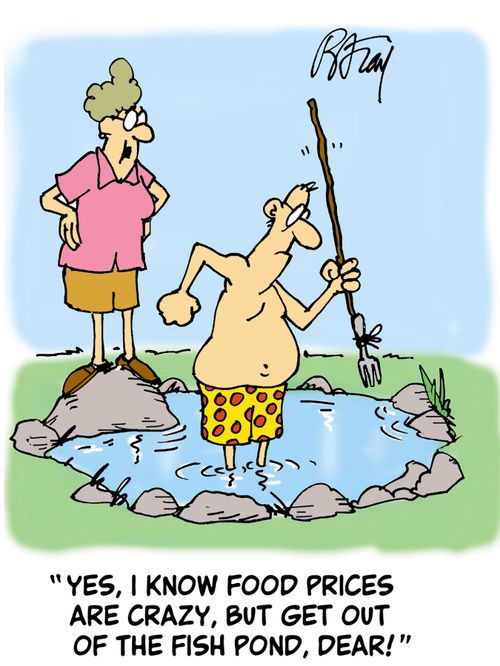 'Yes, I know food prices are crazy, but get out of the fish pond, Dear!'