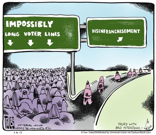 Impossibly long voter lines and Disenfranchisement.