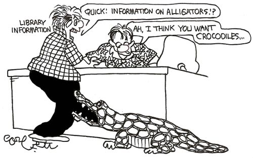 Library information: 'Quick!  Information on alligators!?'  'Ah, I think you want crocodiles...'