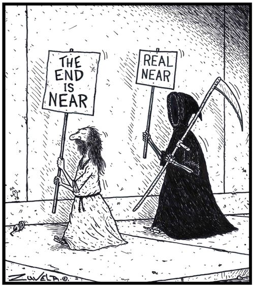 A Grim Reaper following an unsuspecting Doomsayer about to end his Life.