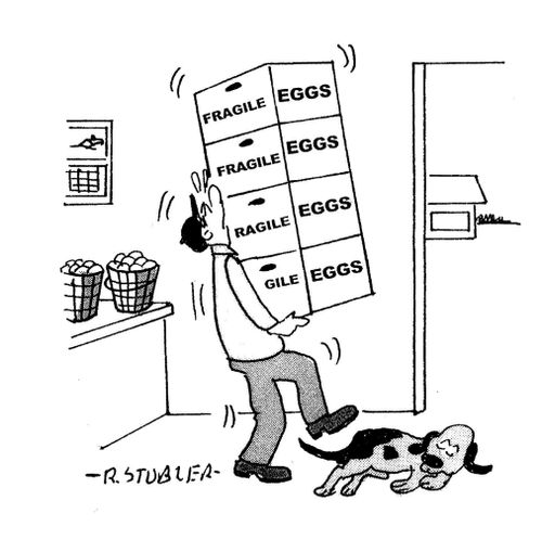 Man carrying crates of eggs about to step on sleeping dog.