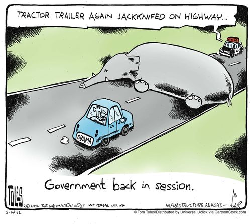 Government back in session: 'Tractor trailer again jackknifed on highway...'