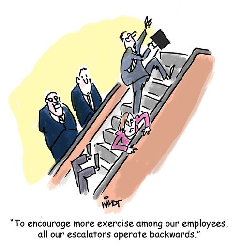'To encourage more exercise among our employees, all our escalators operate backwards.'