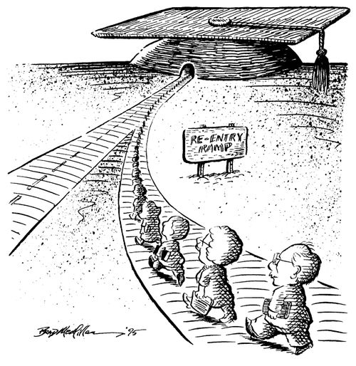 Mature people marching up the 're-entry ramp' towards a teachers cap