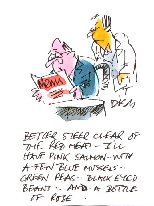 'Better steer clear of the red meat - I'll have pink salmon with a few blue mussels, green peas, black eyed beans and a bottle of rose.'