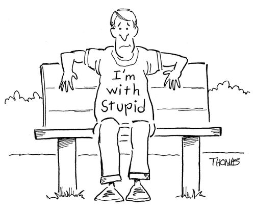Guy on park bench, his t-shirt reads 'I'm with stupid'.