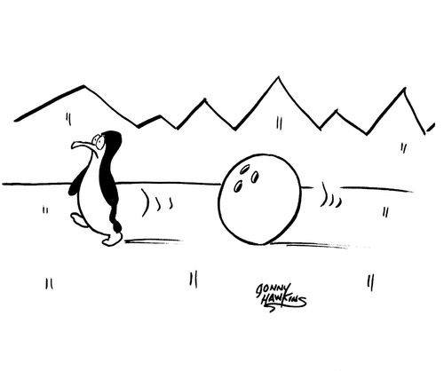 Penguin being chased by bowling ball.