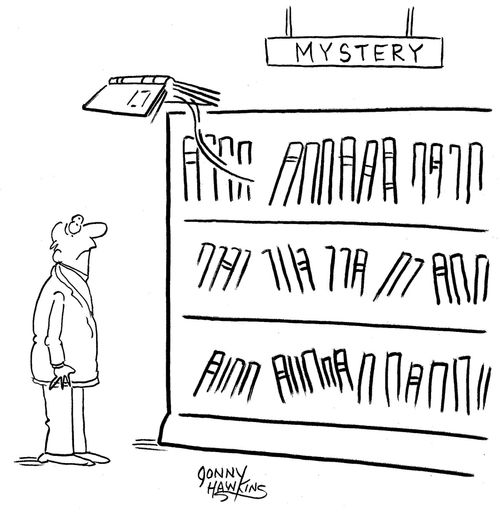 Man sees book flying in the Mystery section.