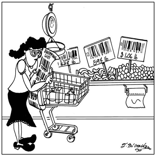 A woman's shopping list is a bunch of barcodes & she stands in front of vegetables labeled with barcodes.