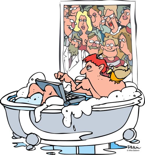Man in bathtub with Laptop and Picture of people watching.