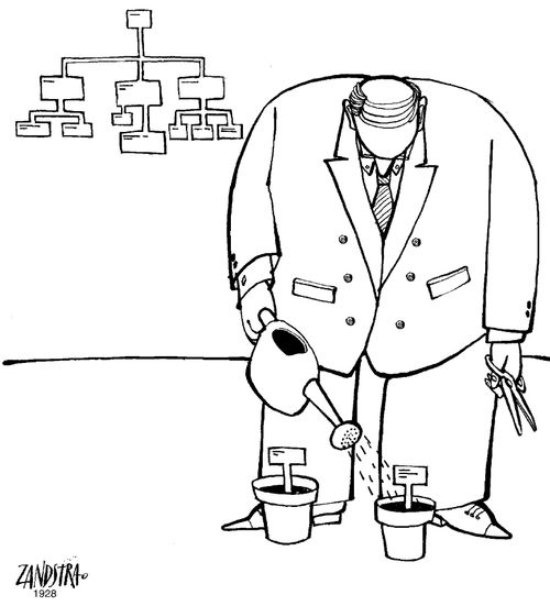 Man watering labels for a chart.