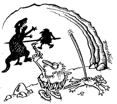 Cave huntsman exagerating his conquest