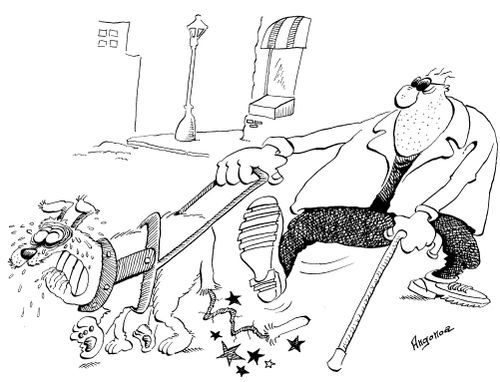 Blindman continuously steps on poor guide-dogs tail