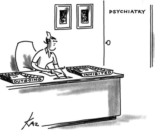 Psychiatry ward with 'Inhibited' and 'Outgoing' trays.