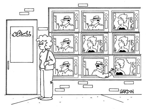 Characters in TV sets meeting.