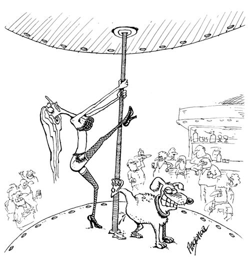 Dog urinating against a table dancer's pole.