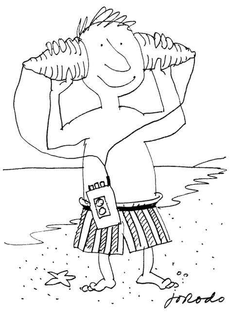 Man on a beach with shells for headphones.