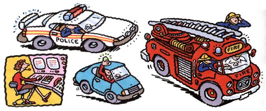 Emergency services vehicles and operator.