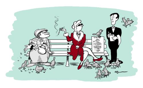 Posh lady feeding the birds in the park via a butler