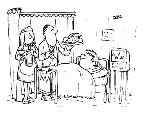 Man in hospital receiving the best food and wine