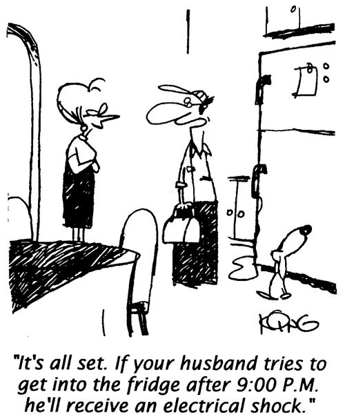 "It's all set. If your husband tries to get into the fridge after 9pm he'll receive an electrical shock