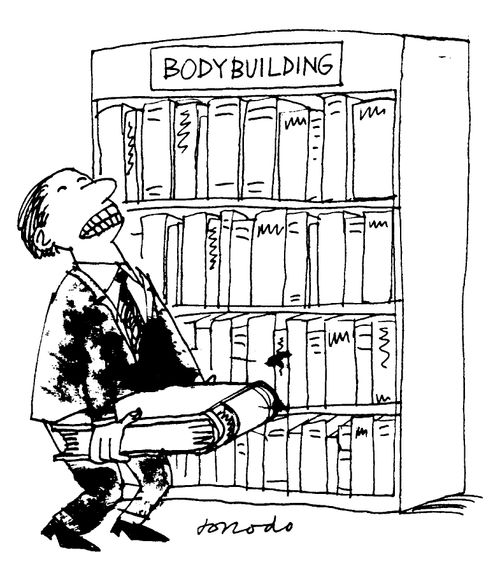 Librarian lifting a very heavy book for the body-building section