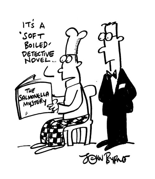 'The Salmonella mystery' "It's a soft boiled dectective novel"