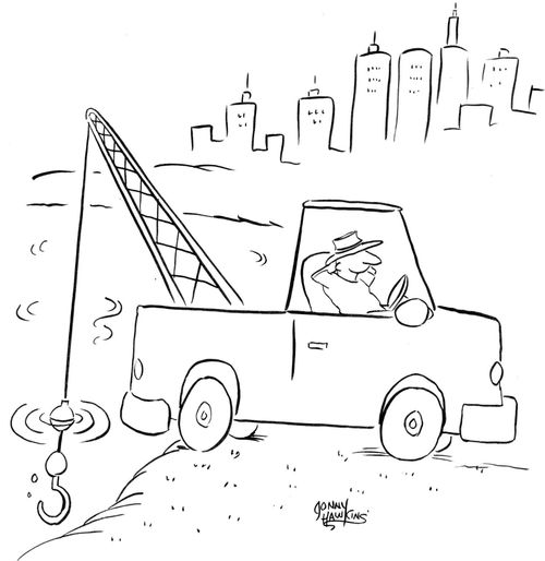 Tow Truck Driver fishing with towhook.