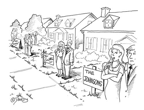 Suburban families on lawn.
